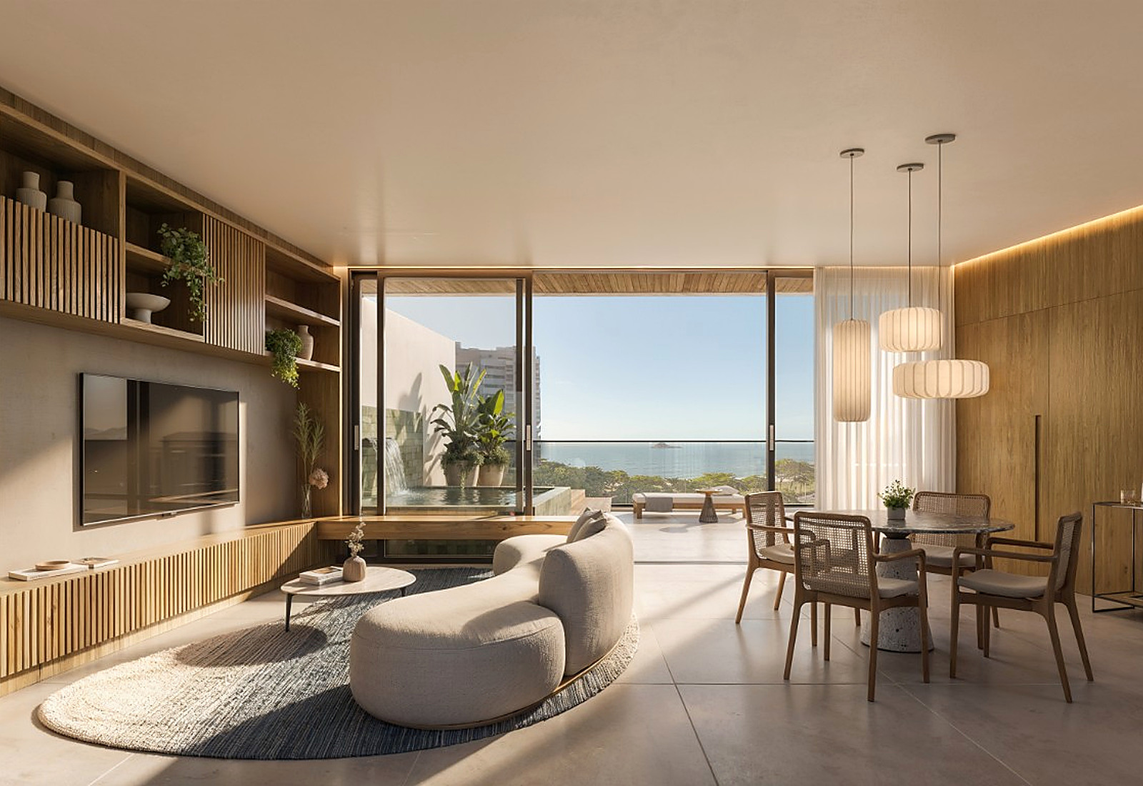 Living de cobertura duplex do Vista Joá com vista para o mar em São Conrado